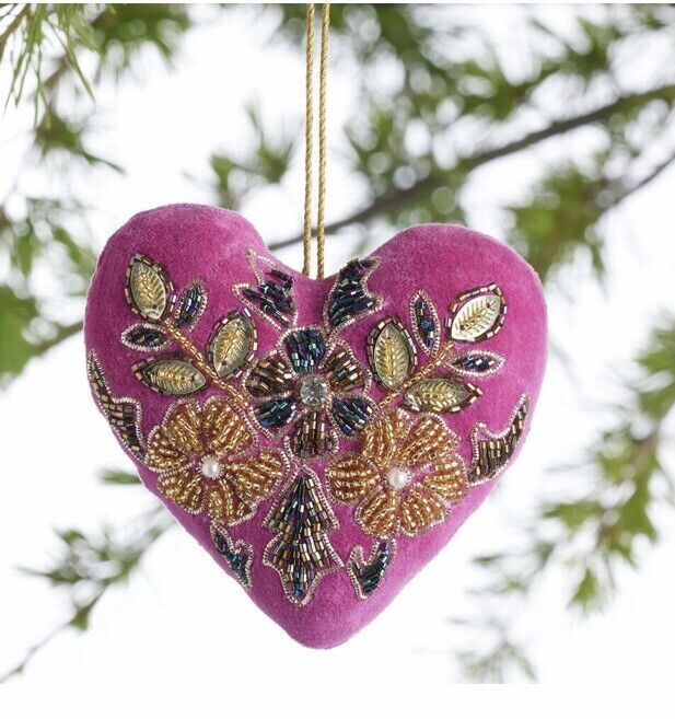 Magenta Beaded Velvet heart Ornament