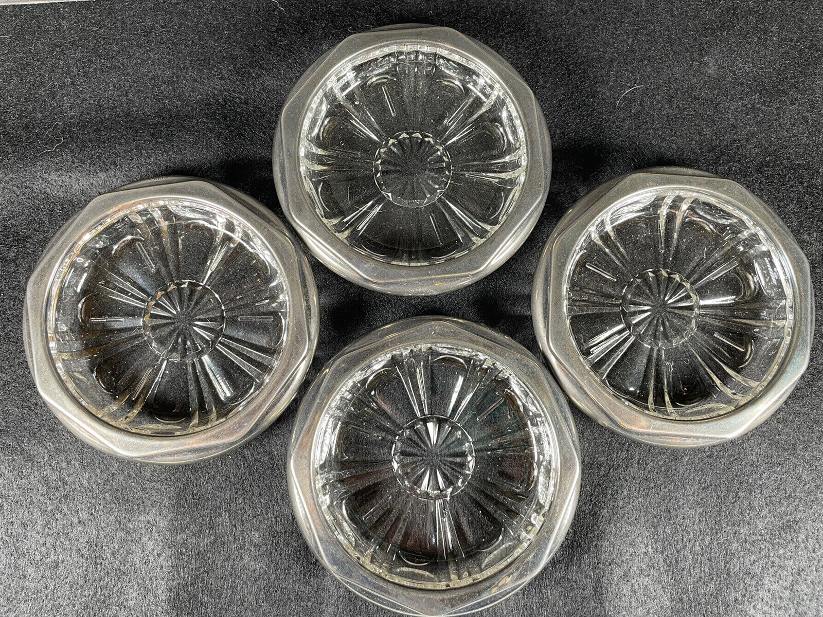 Vintage Silver Plate Rims Starburst Glass Coasters Made in Italy EUC Set of 4