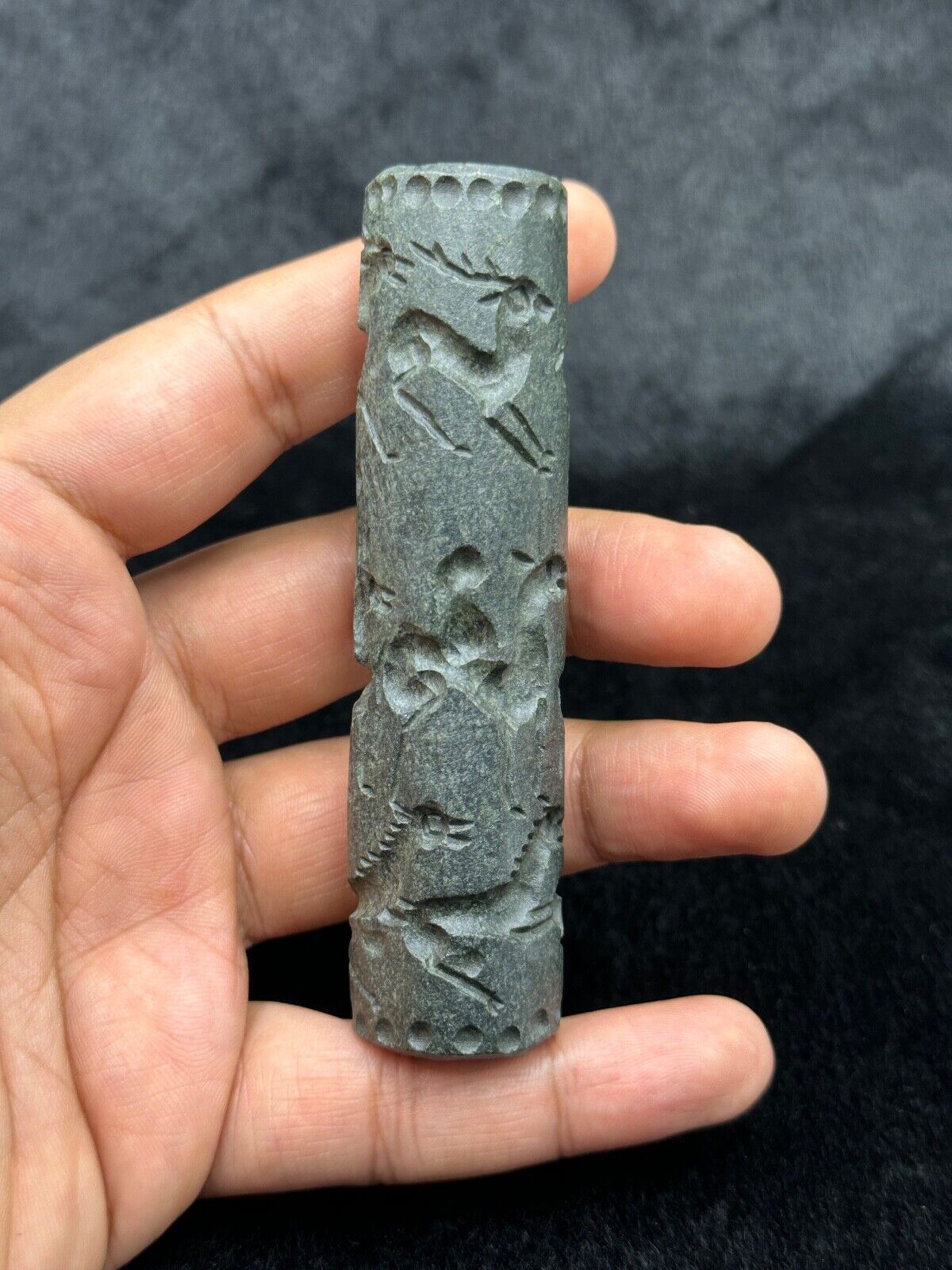 Huge Ancient Cylinder Seal Stamp Bead Black Stone Sumerian Intaglio Roll Beads