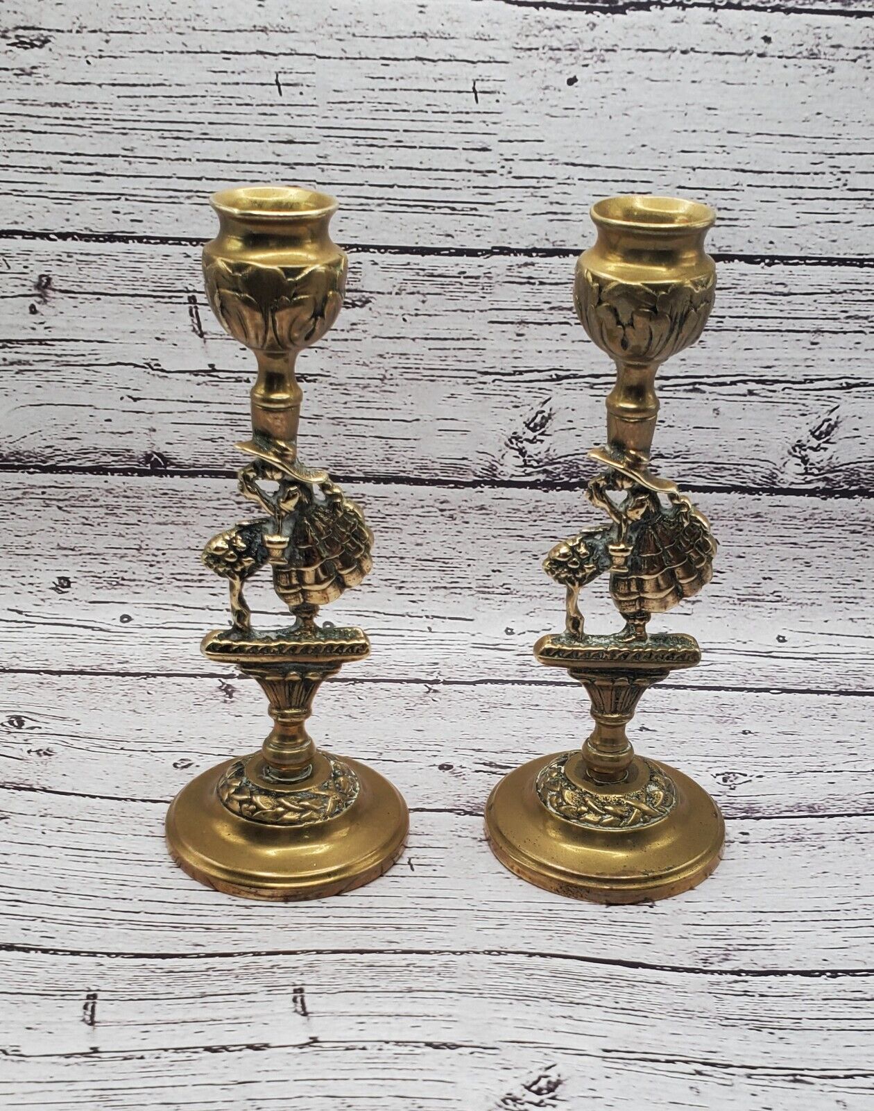 Vintage 1930's Pair Embossed Solid Brass Candle Holder Lady in Garden