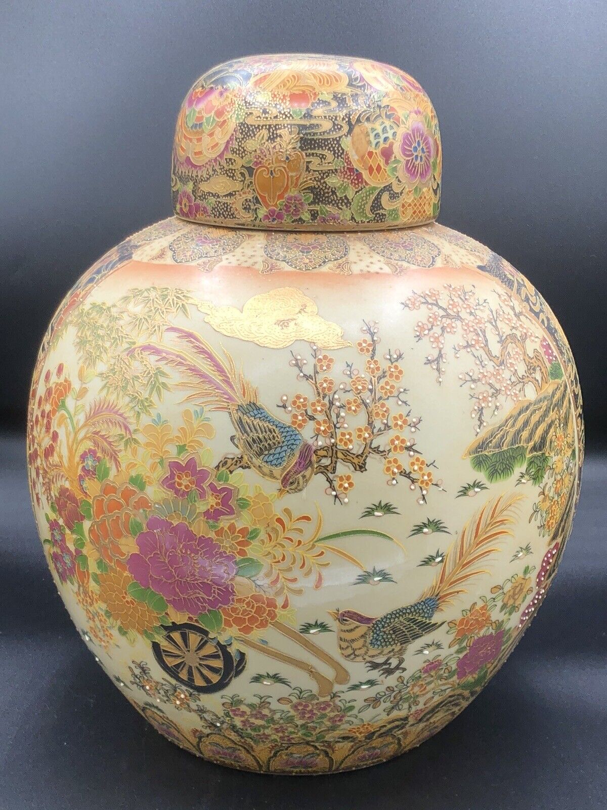Antique Royal Satsuma Hand Painted Heavily Decorated Gilt Accents Jar 12”x10”