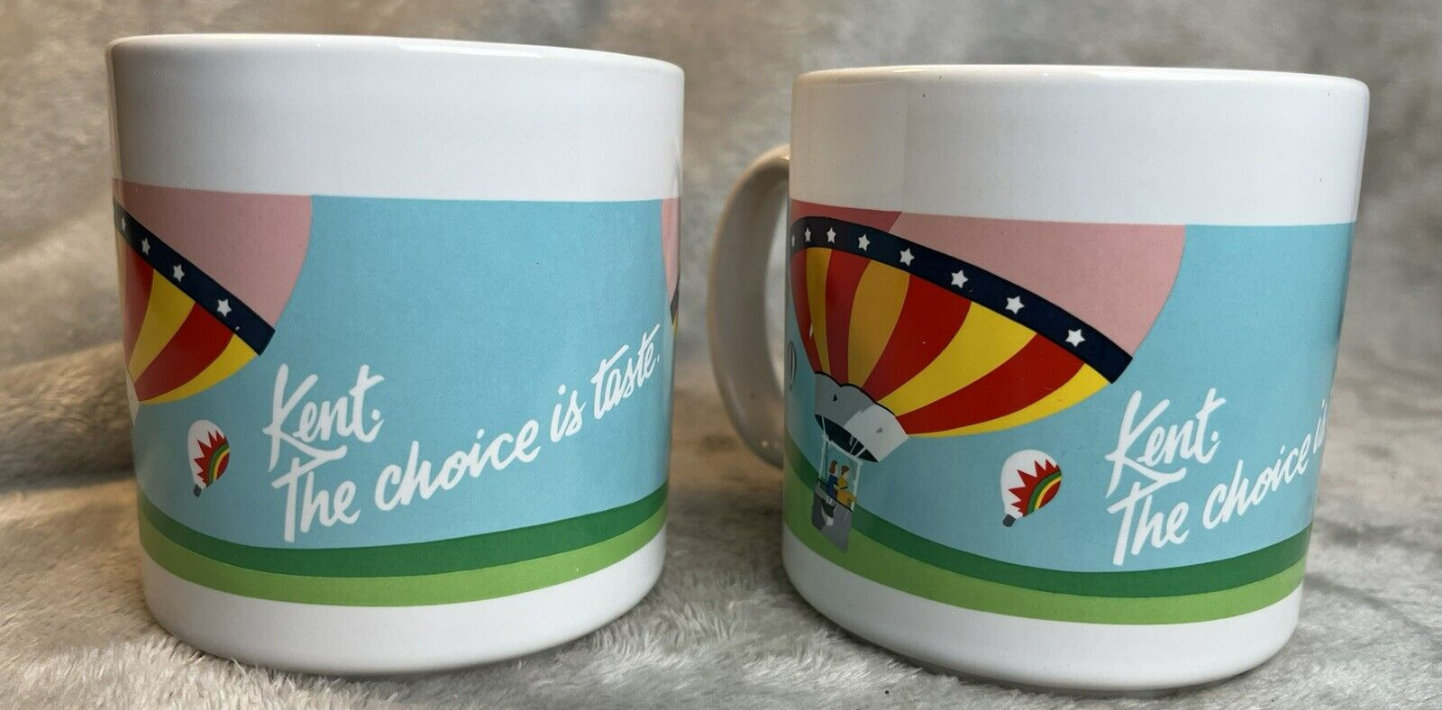 2 Vtg Kent The choice is Taste Coffee Mugs England Hot Air Balloon Cigarette Ad