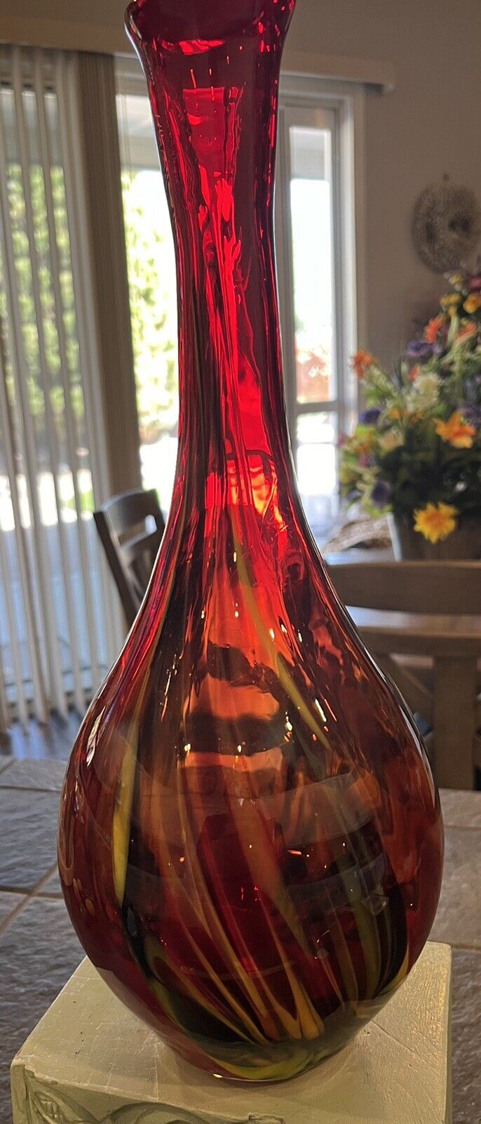 Vintage Hand Blown Red Glass Vase By Pier One                                 A1