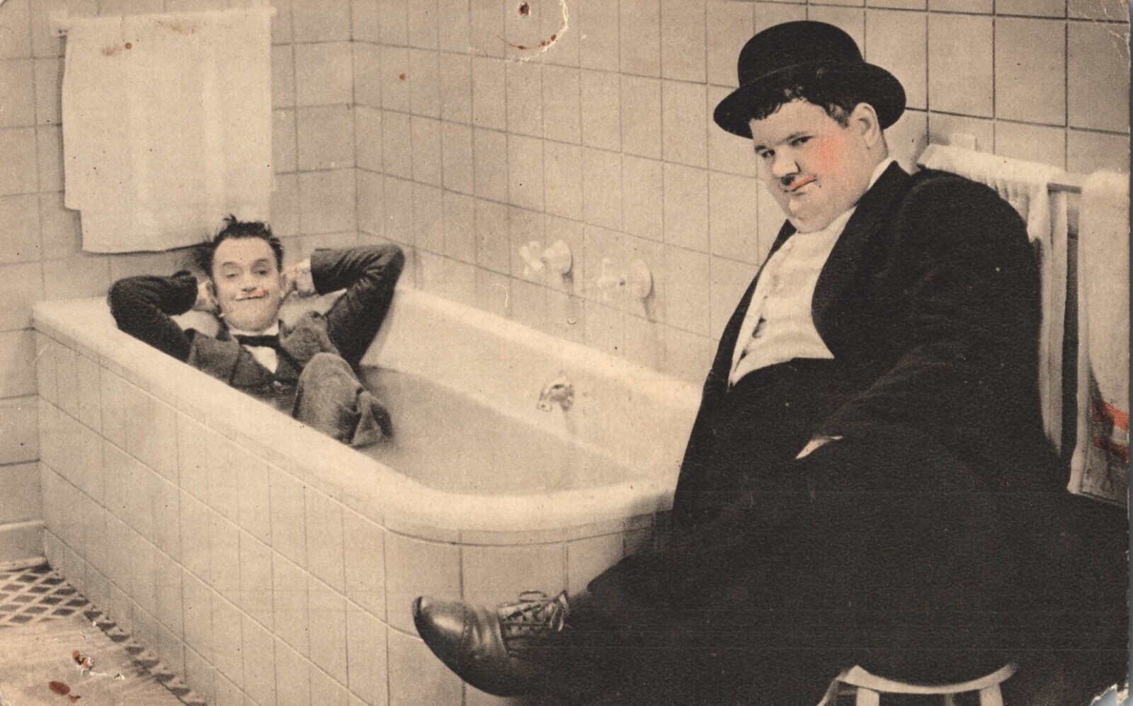 Stan Laurel in Bathtub and Oliver Hardy in Them Thar Hills (1934) MGM Postcard