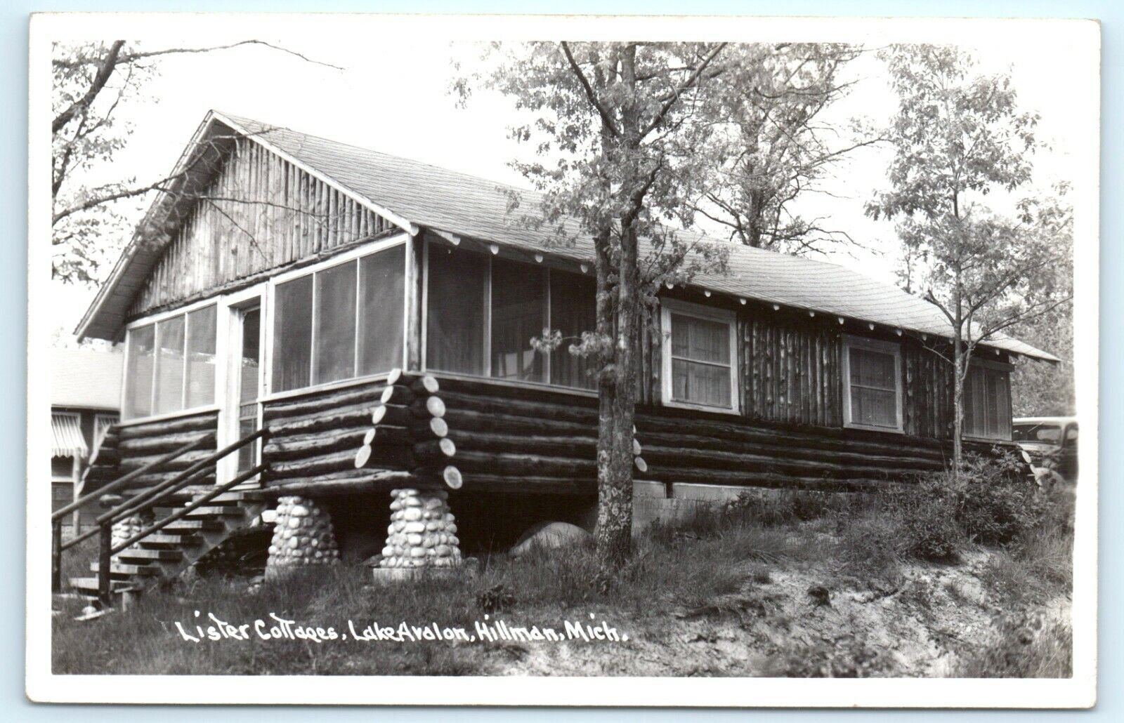 POSTCARD RPPC Lister Cottages Lake Avalon Hillman Michigan 1948 Log Cabin