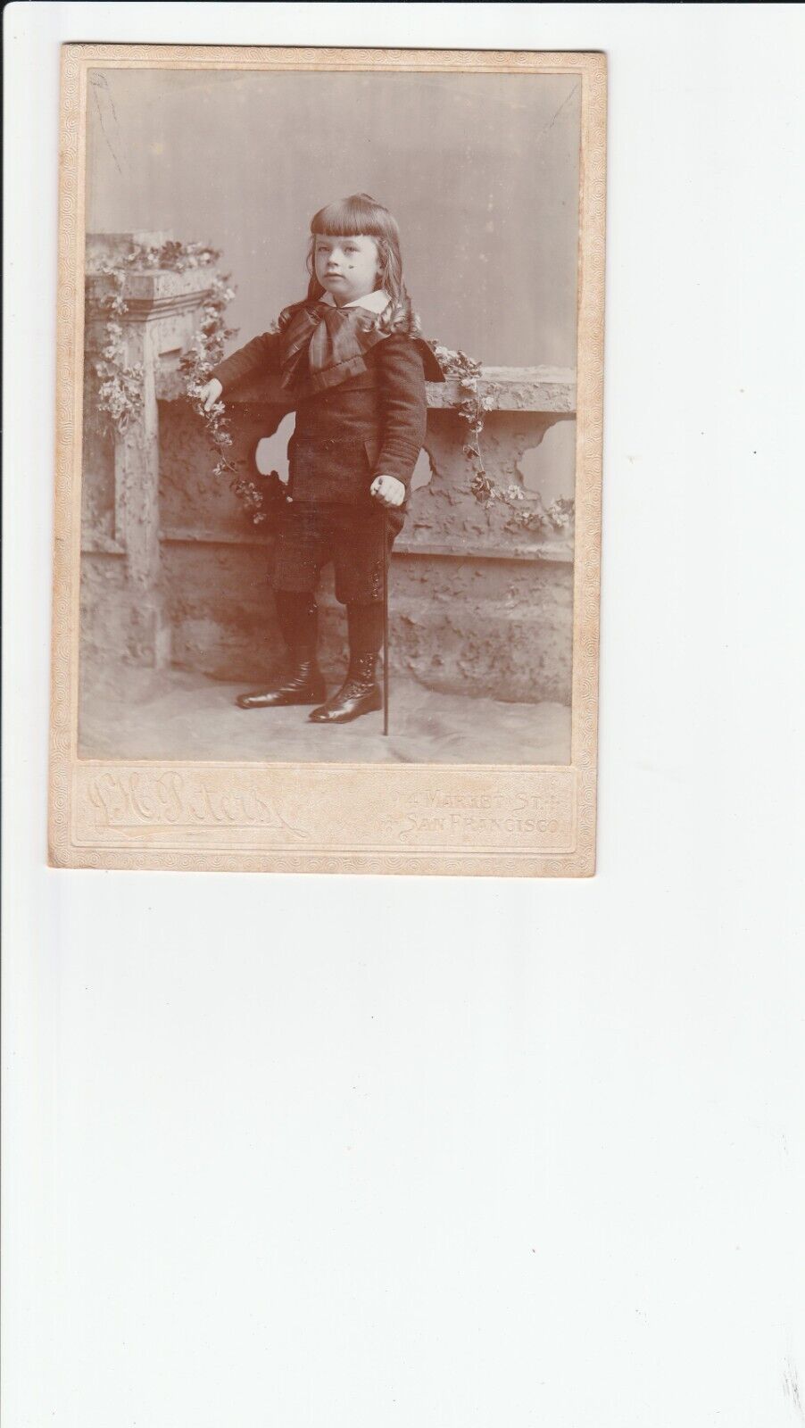 Antique 1885 Cabinet Card LITTLE BOY BANGS,RINGLET HAIR, WALKING STICK,S.F. CAL