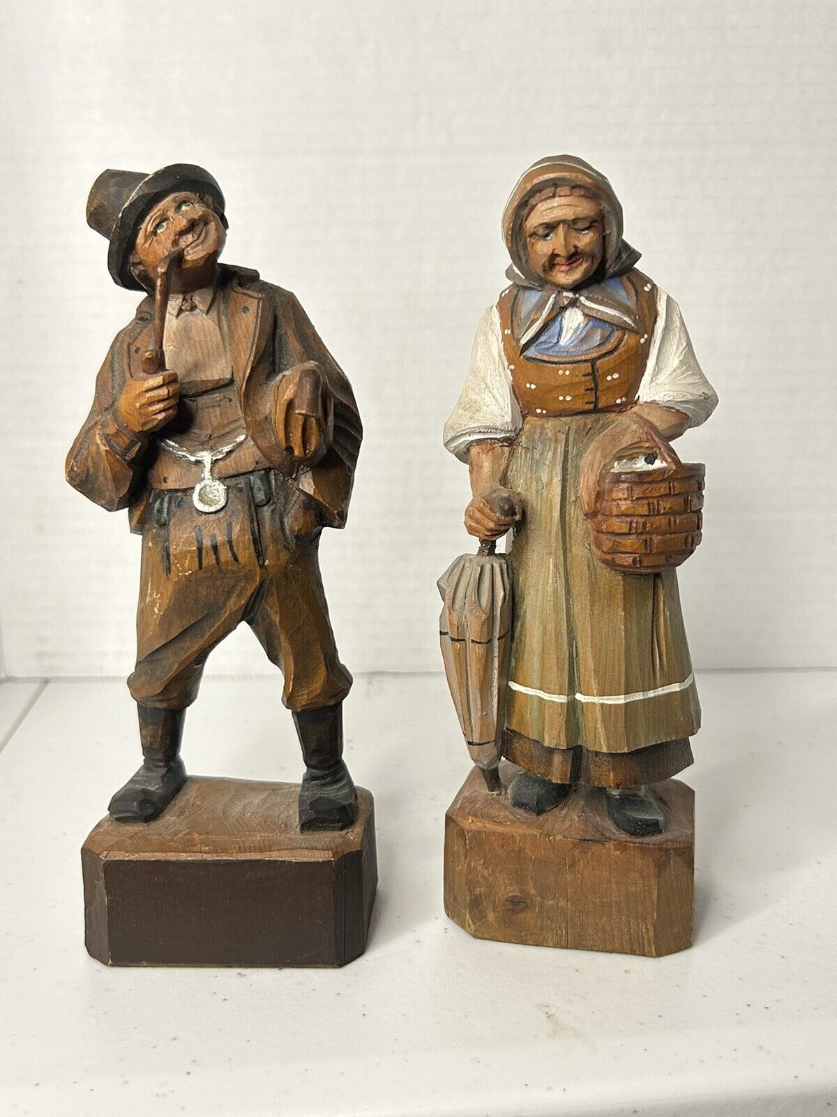 Lot Of 2  Antique/ Vintage Hand Carved Wood Black Forest Man And Woman -Swiss