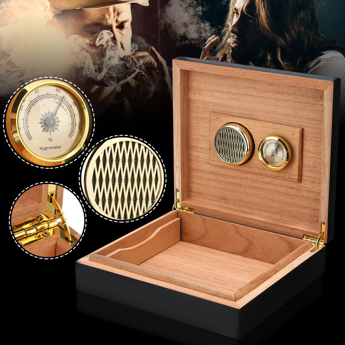 Black Cedar Wood Lined Cigar Storage Case Box + Humidor Humidifier Hygrometer