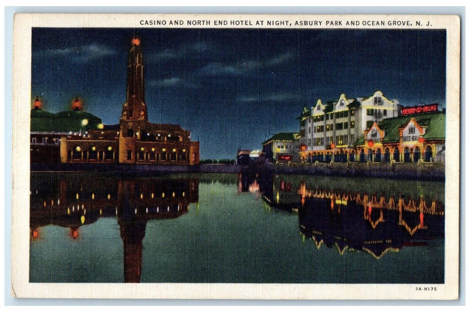 c1940 Casino & North End Hotel At Night Building Ocean Grove New Jersey Postcard