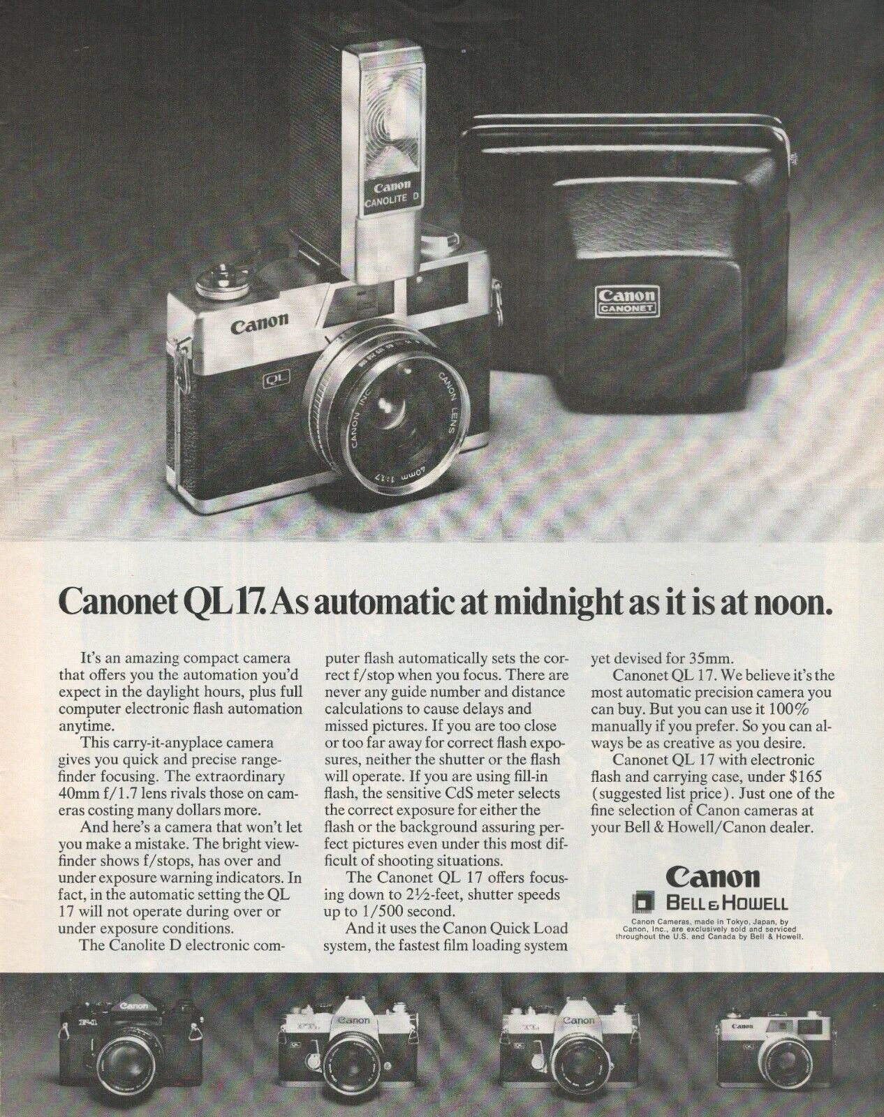 1971 Canon Bell & Howell Camera Canonet QL17 Automatic Midnight as Noon Print Ad