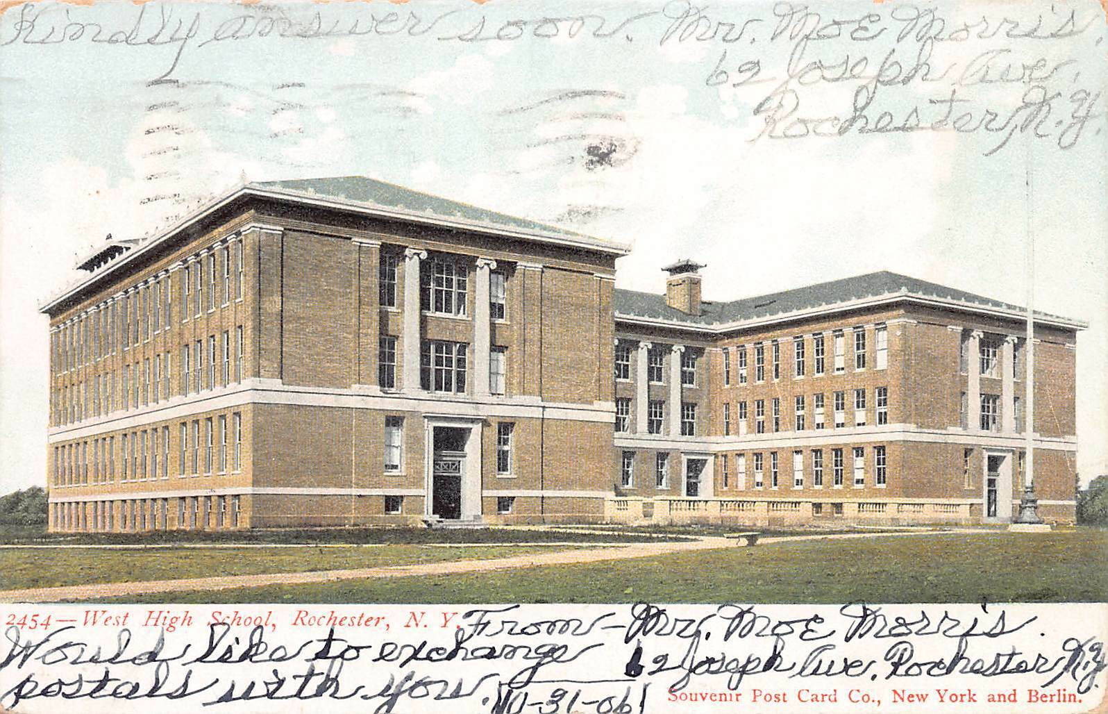 West High School, Rochester, New York, early postcard, used in 1906