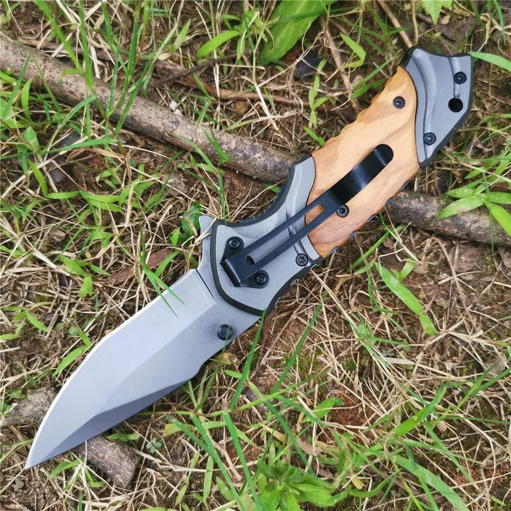 Outdoor Folding Pocket Knife with Wooden w/ Stainless Steel Handle for Camping 