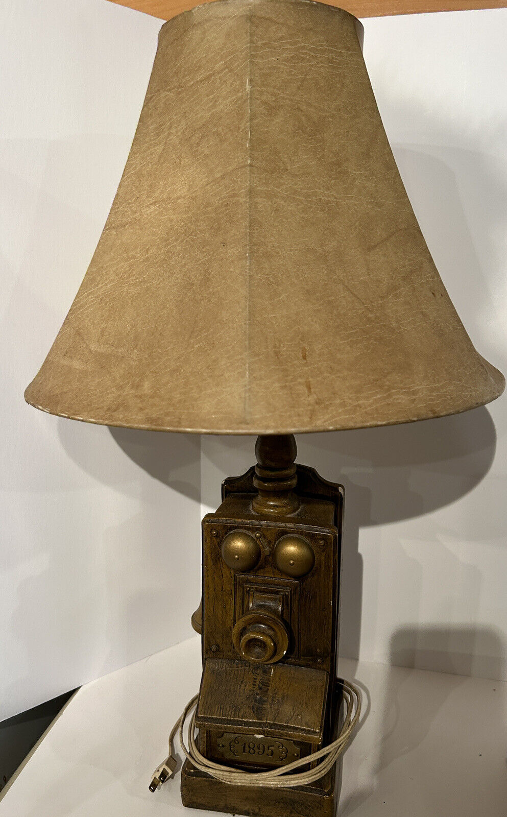 Vintage Telephone Table Lamp Wood Carved