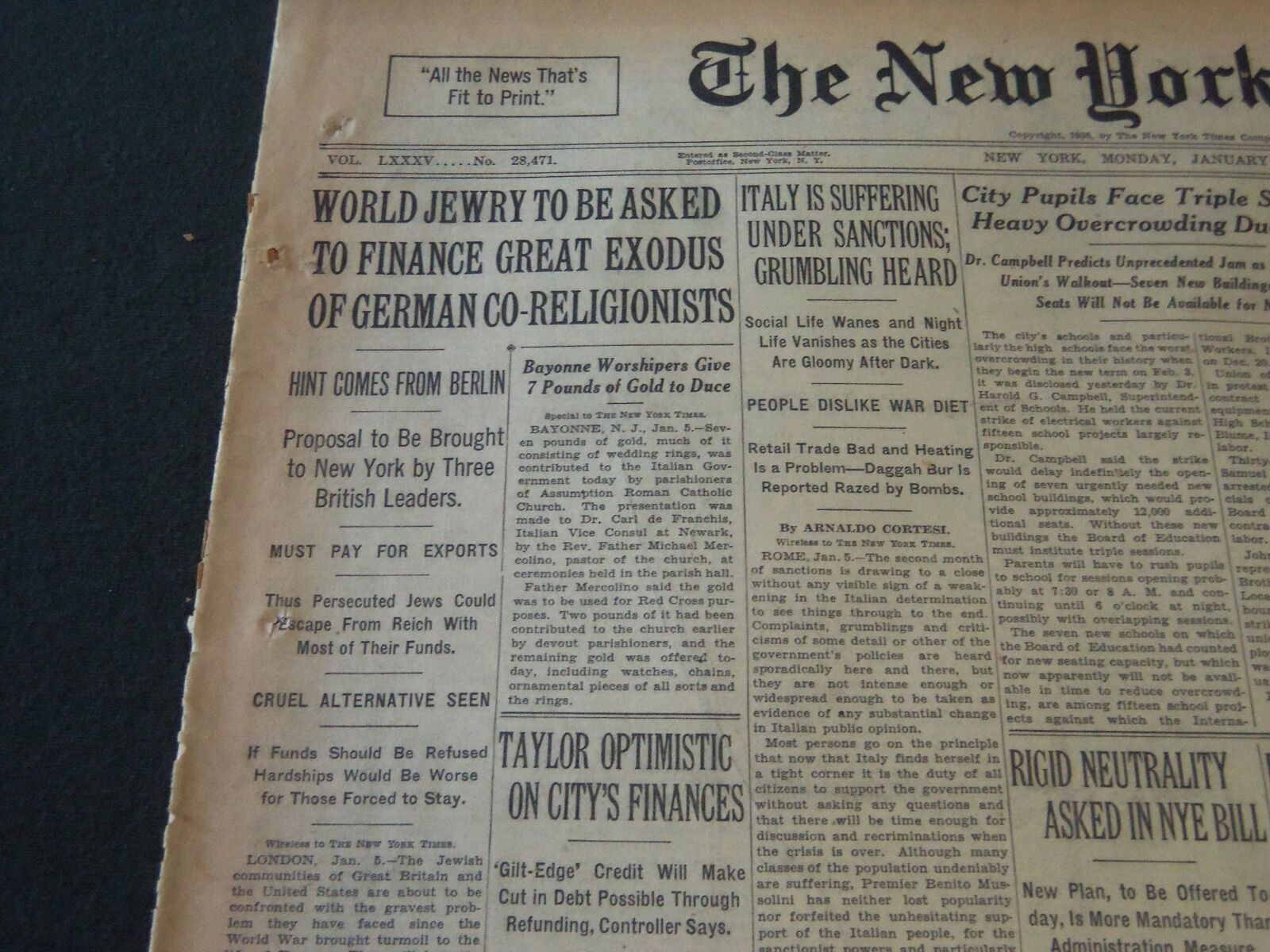 1936 JAN 6 NEW YORK TIMES - WORLD JEWRY ASKED TO FINANCE GREAT EXODUS - NT 6712