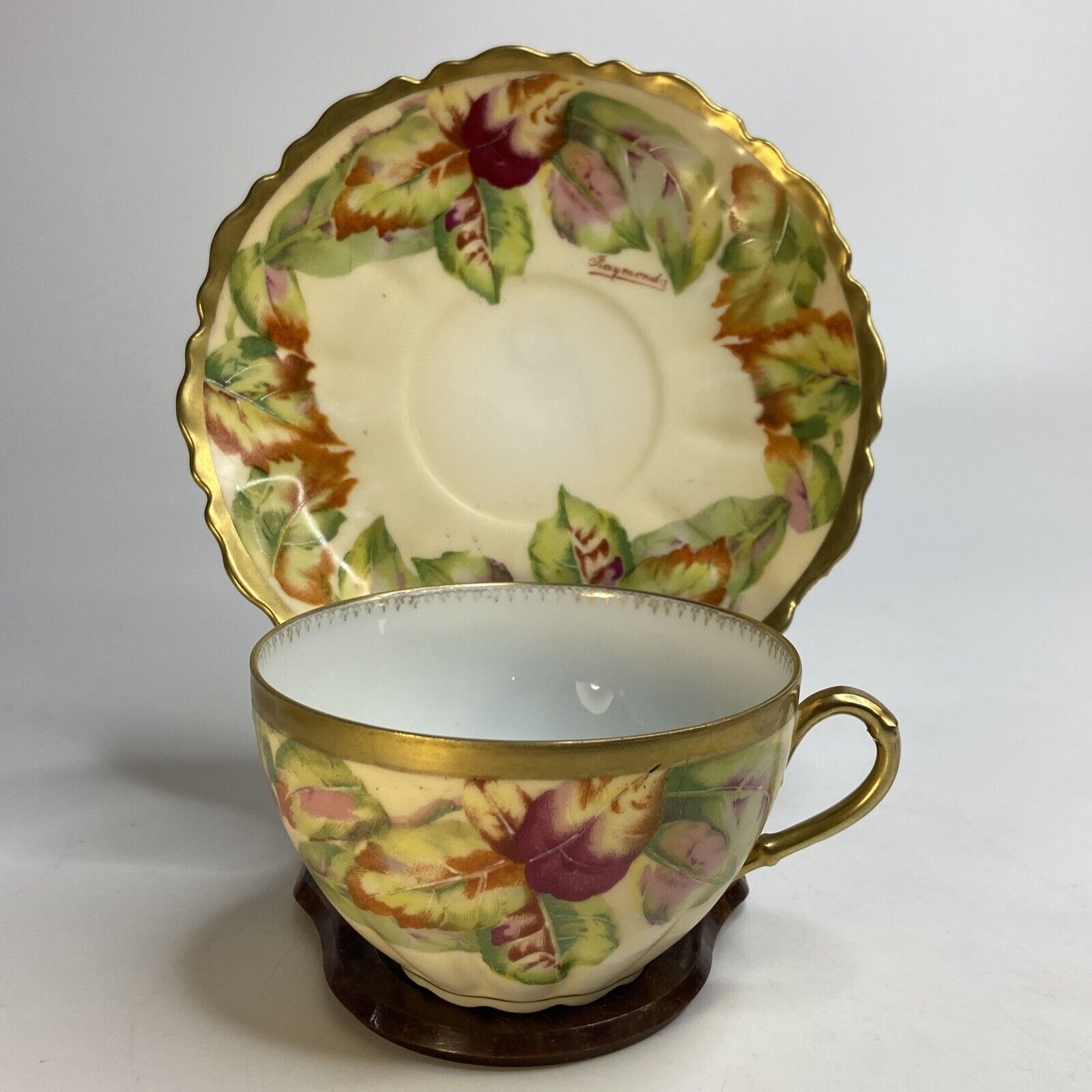 OE&G Royal Austria Tea Cup Saucer Set Signed Hand Painted Antique Fall Leaves