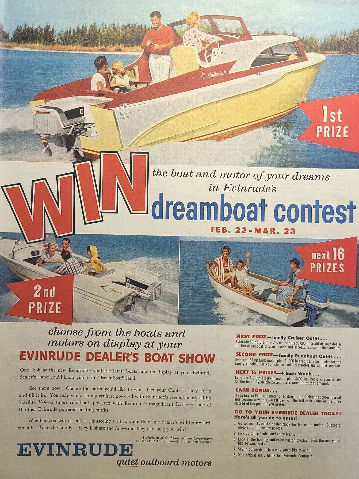 Evinrude Quiet Outboard Motors Starflite Lark Fleetwin Vintage Print Ad 1958