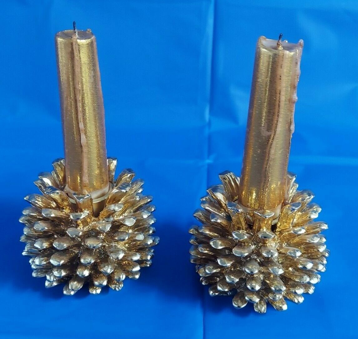 Brass Pinecone Taper Candle Stick Holders Pine Cone Country Primitive Set Of 2