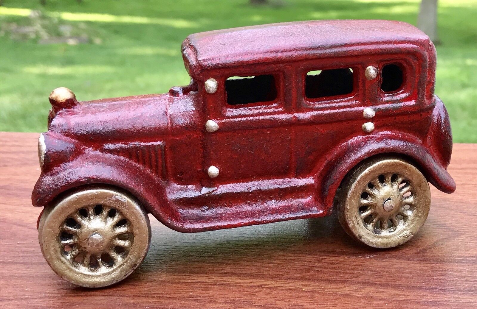 Red Arcade Sedan Car Vintage Cast Iron Toy, Wheels Move
