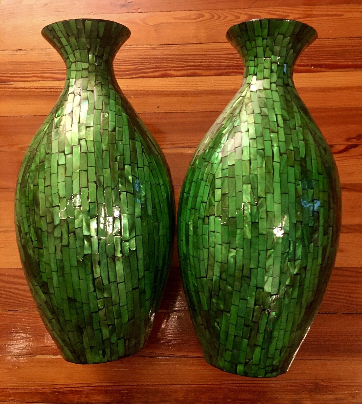 Mother of Pearl Handmade 18” Tall 2 Incandescent Green Mosaic Vases