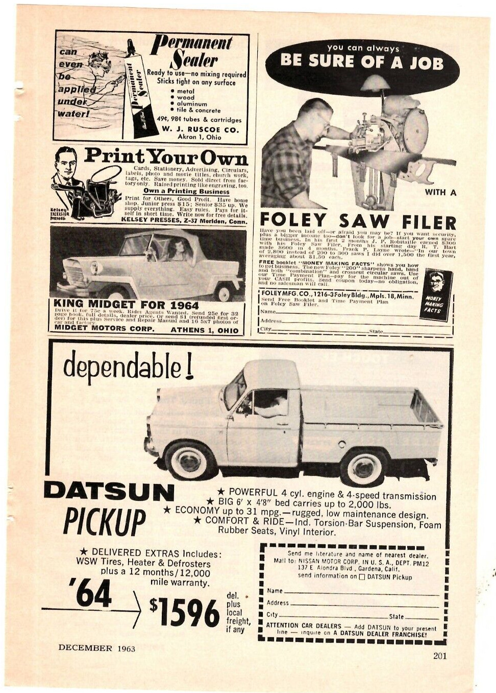 1963 Print Ad \'64 Datsun Pickup Truck 4 cyl engine 4 speed transmission Economy