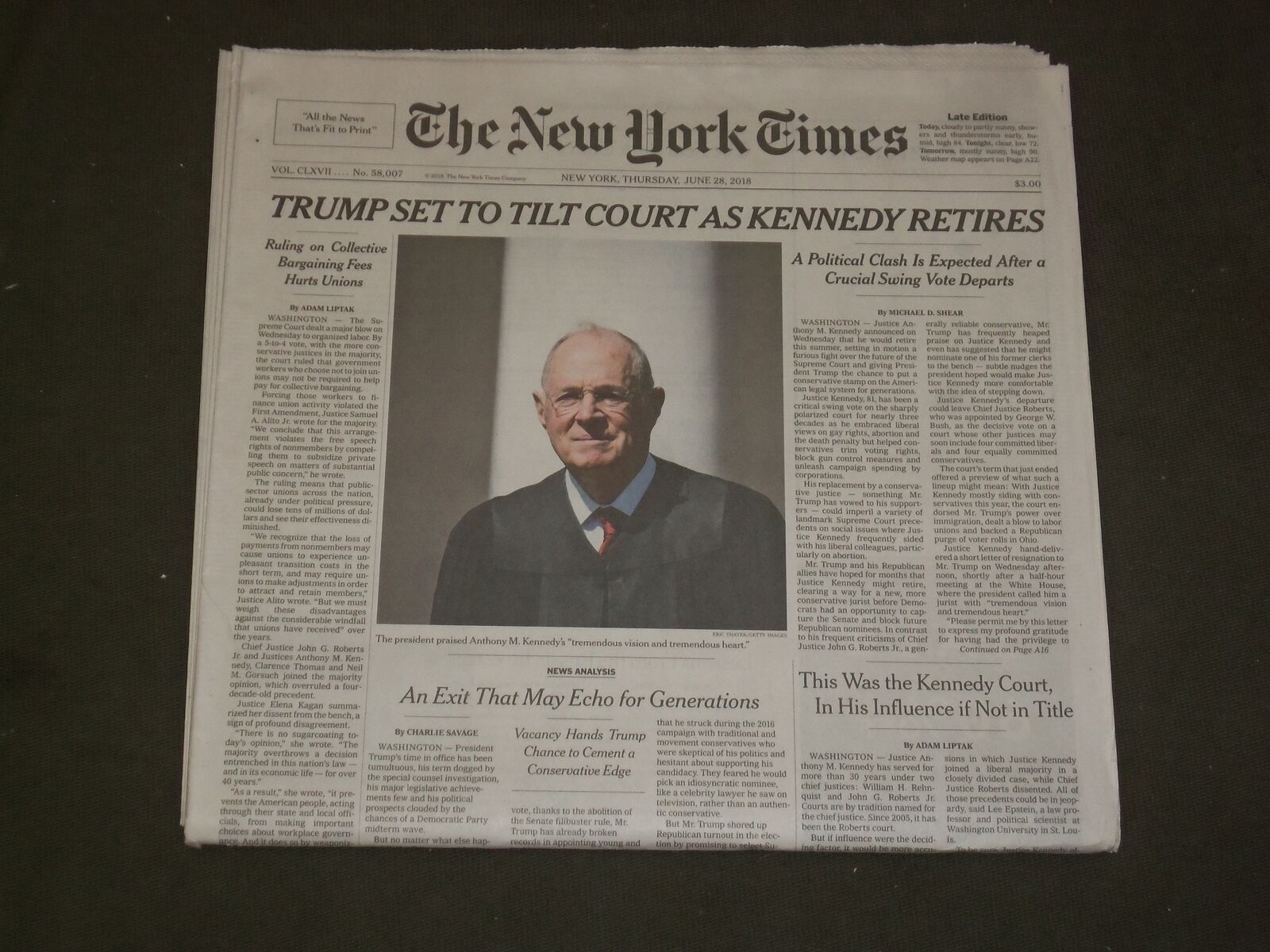 2018 JUNE 28 NEW YORK TIMES - TRUMP SET TO TILT COURT AS ANTHONY KENNEDY RETIRES
