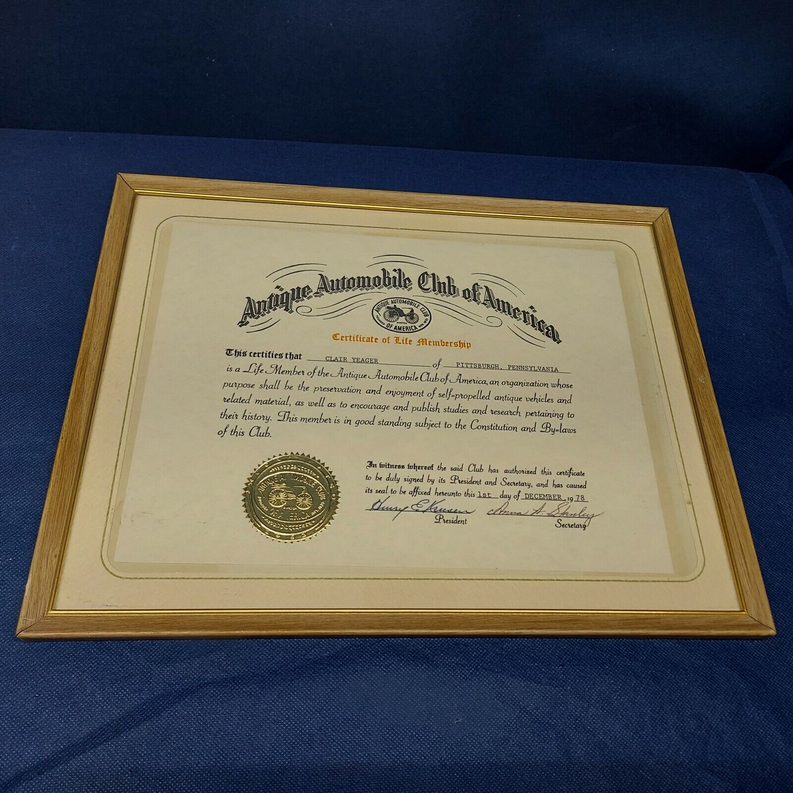  1978 Antique Automobile Club Of America Certificate For Life Membership Framed