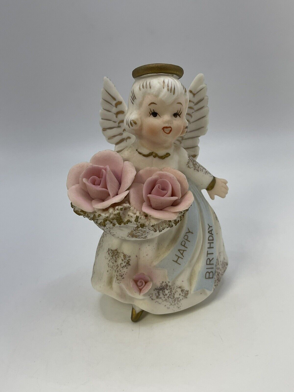 Vintage Lefton #530 Happy Birthday Porcelain Angel Spaghetti Flower Basket