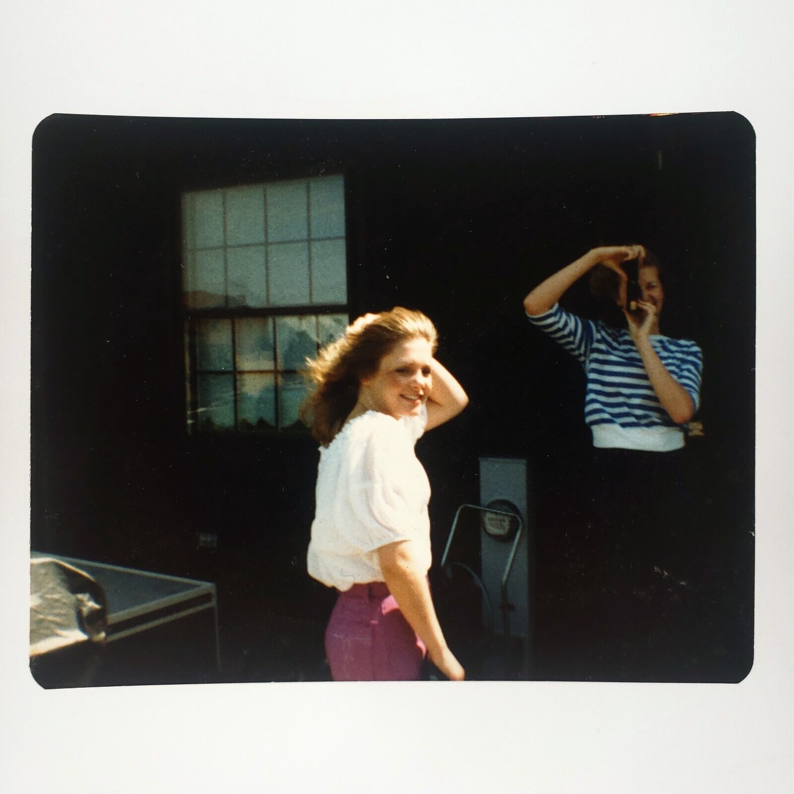 Girls Playing Fashion Model Photo 1980s Camera Hair Blowing Wind Snapshot A3915