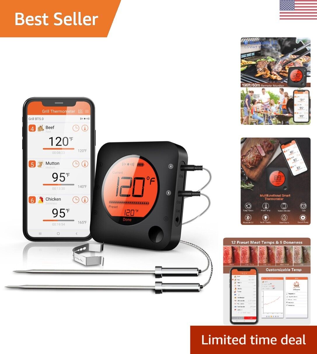Wireless Bluetooth Meat Thermometer - LCD Digital - Dual Probe - Highly Accurate