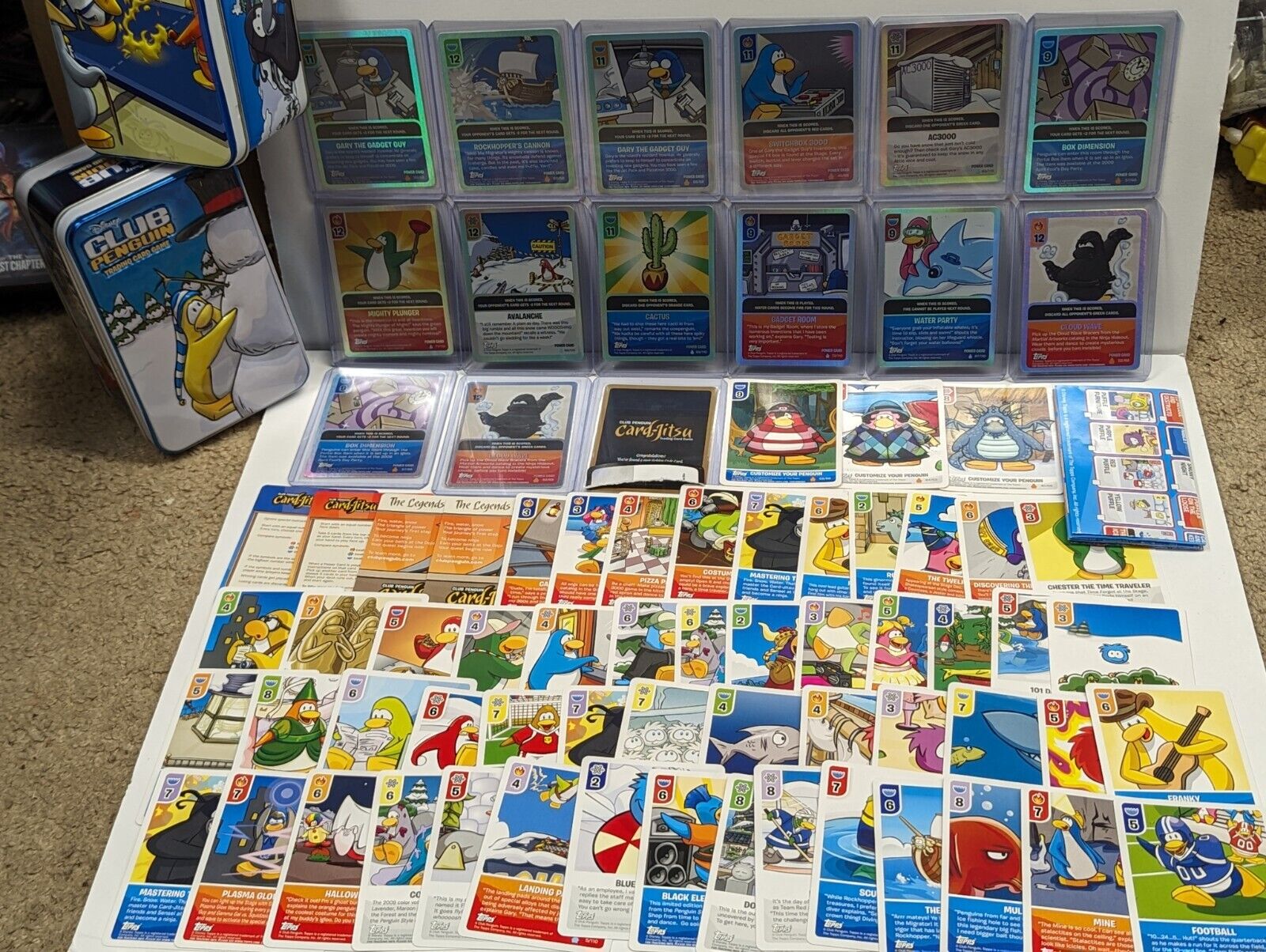 Topps Disney Club Penguin Card-Jitsu 70 Card Lot w/t Foil Cards, Poster & Tins