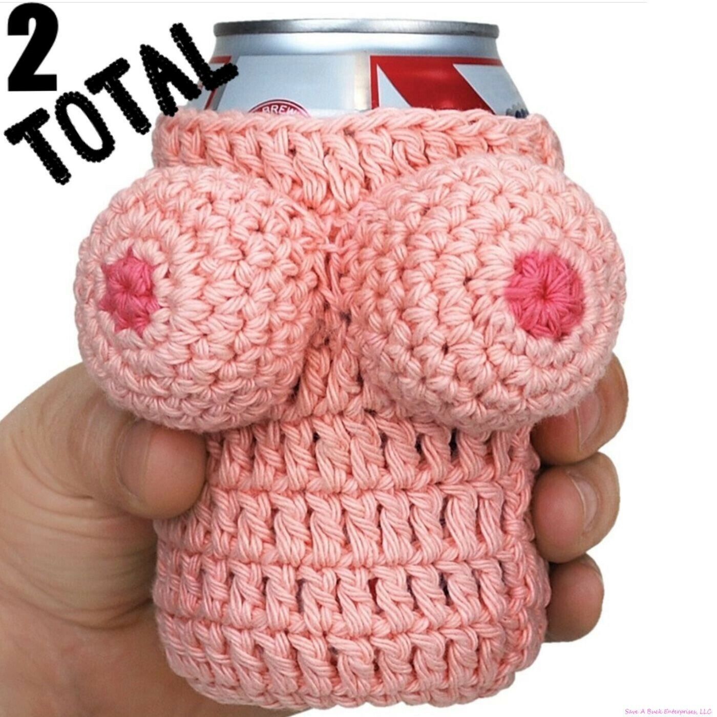 SET OF 2  Nana\'s Boobie Knitted Beer Can Bottle Drink Cooler Holder - Big Mouth
