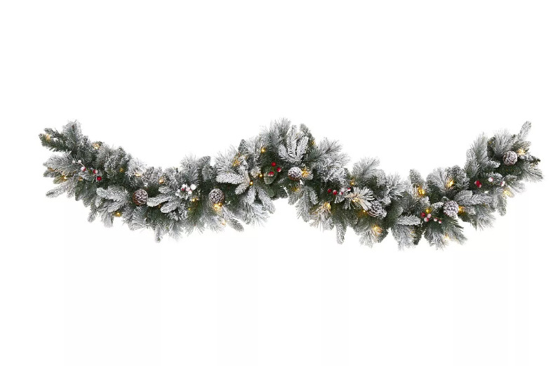 Nearly Natural 6 in Flocked Mixed Pine Artificial Christmas Garland w/LED Lights