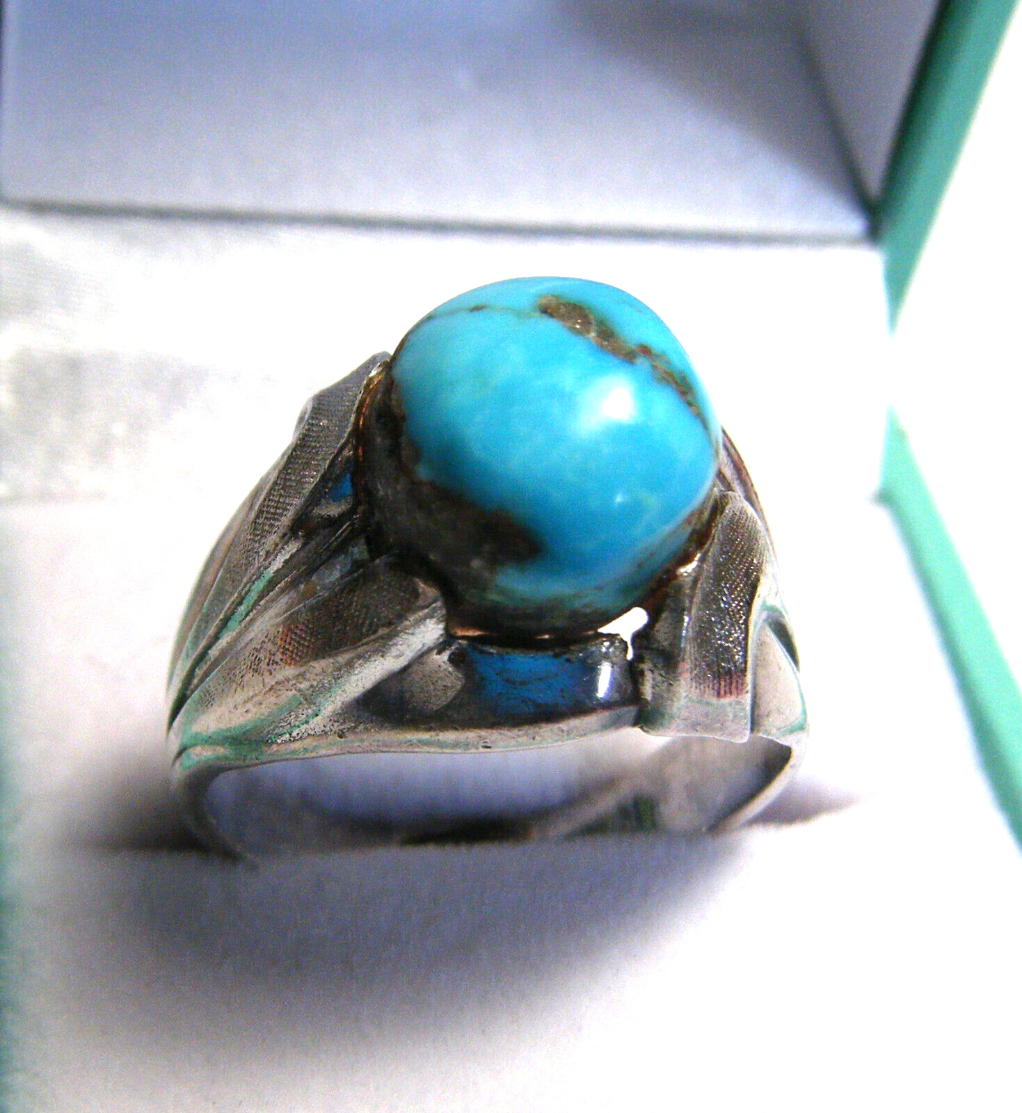 Vintage Signed Navajo Indian Blue Turquoise Sterling 925 Large Size 10 Ring