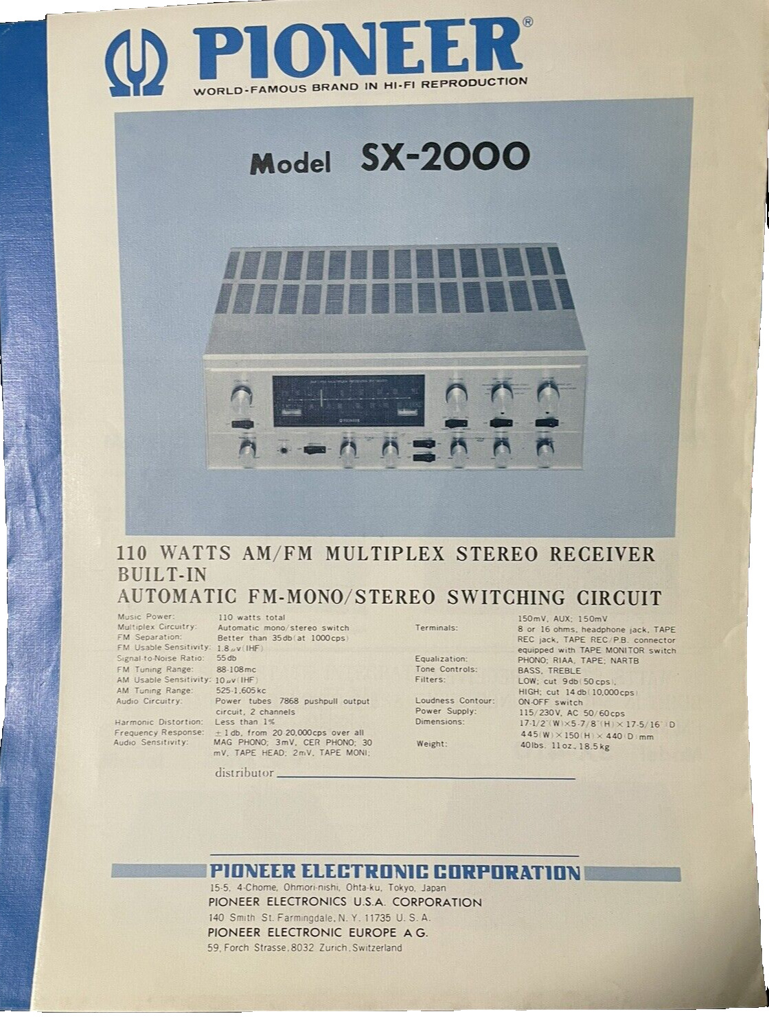 Pioneer SX-2000 Print Ad Sales Brochure Multiplex Receiver Japan MCM