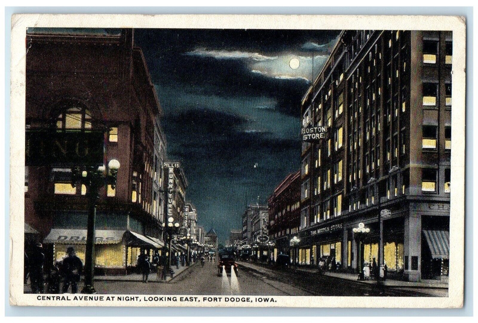 1917 Central Avenue At Night Looking East Boston Store Fort Dodge Iowa Postcard