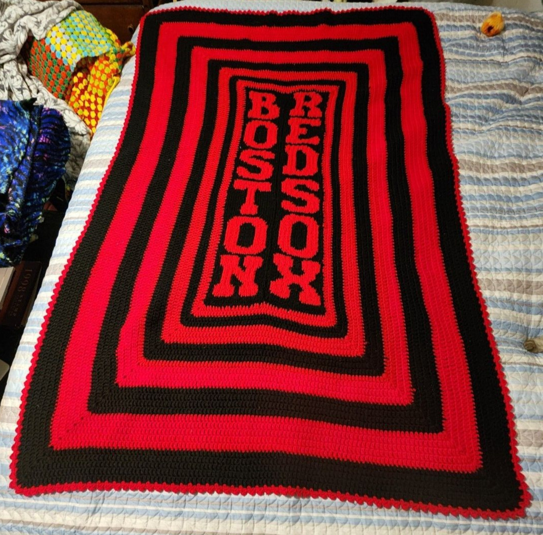Boston Red Sox Beautiful Vintage Hand Crocheted Afghan Red And Black 44x64