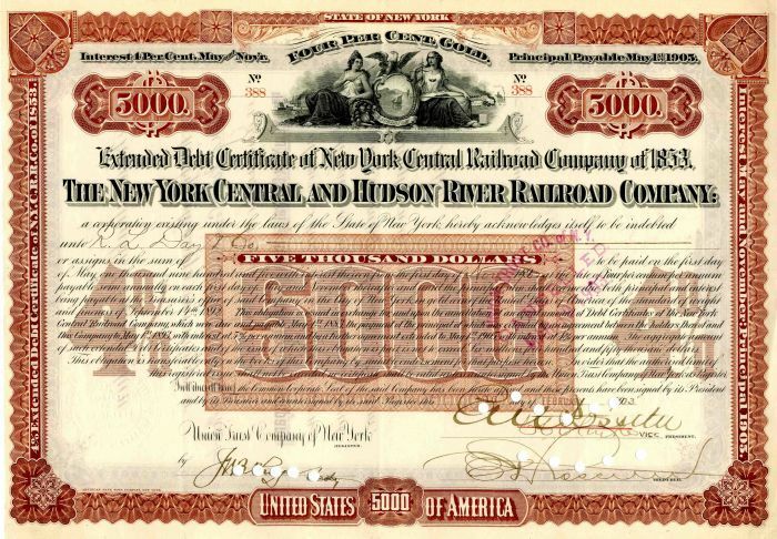 New York Central and Hudson River Railroad Co. Signed by E.V.W. Rossiter - $5,00
