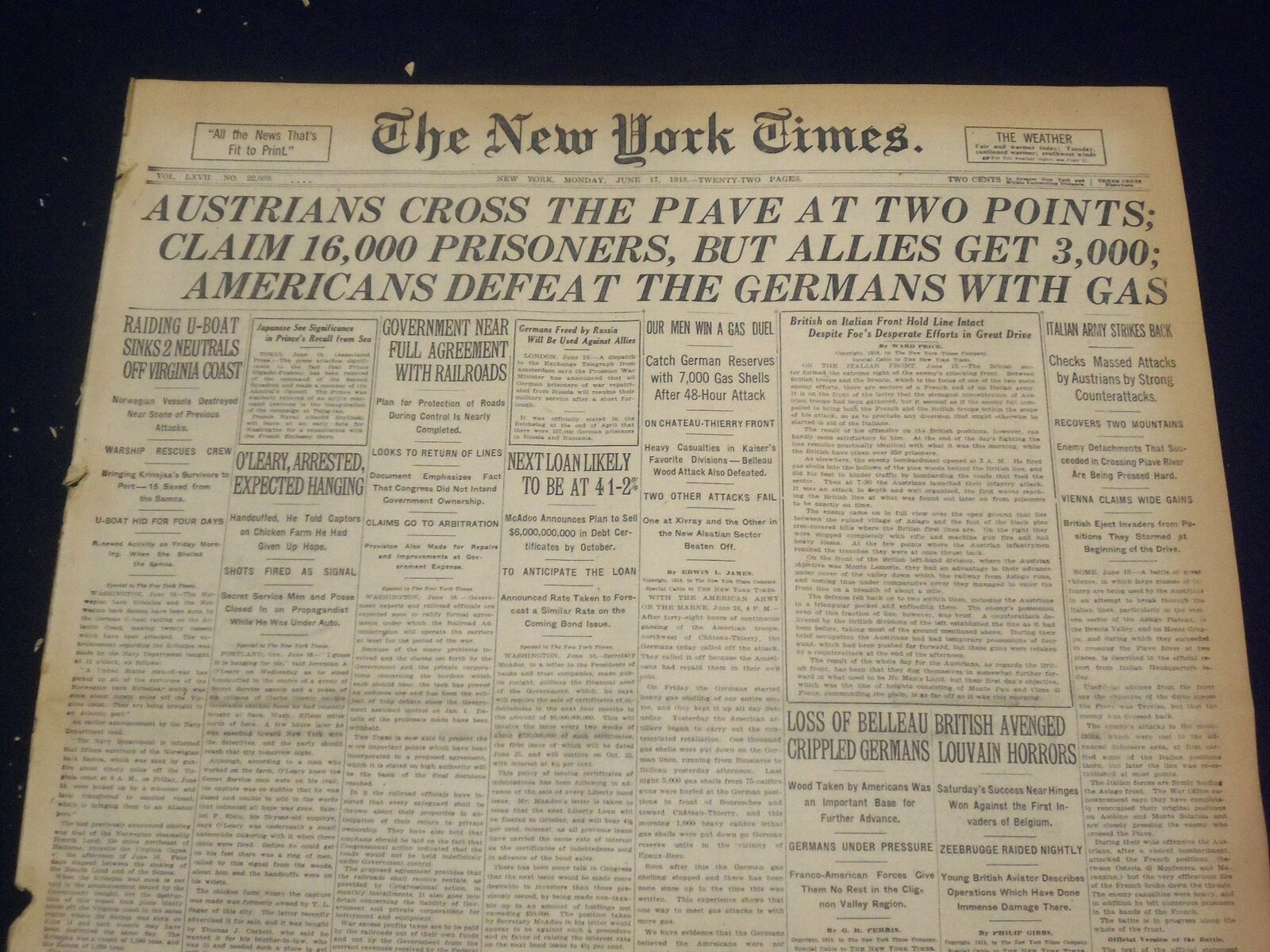1918 JUNE 17 NEW YORK TIMES - AMERICANS DEFEAT GERMANS WITH GAS - NT 9089