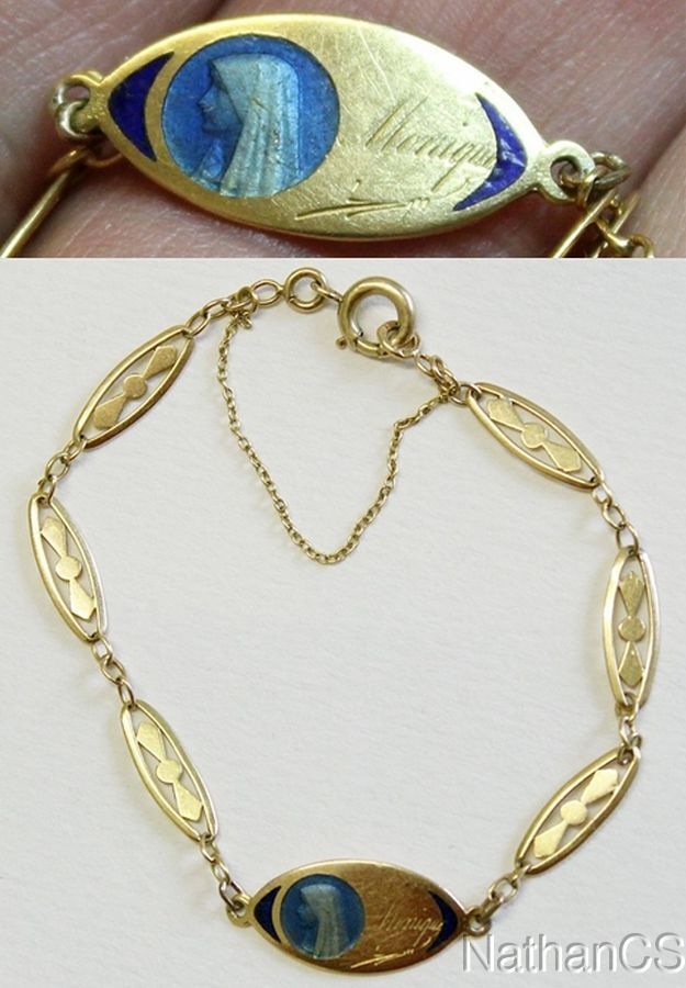 1930’s Communion 18K Solid Gold Bracelet w Blue Enamel Medal - Unique & Charming