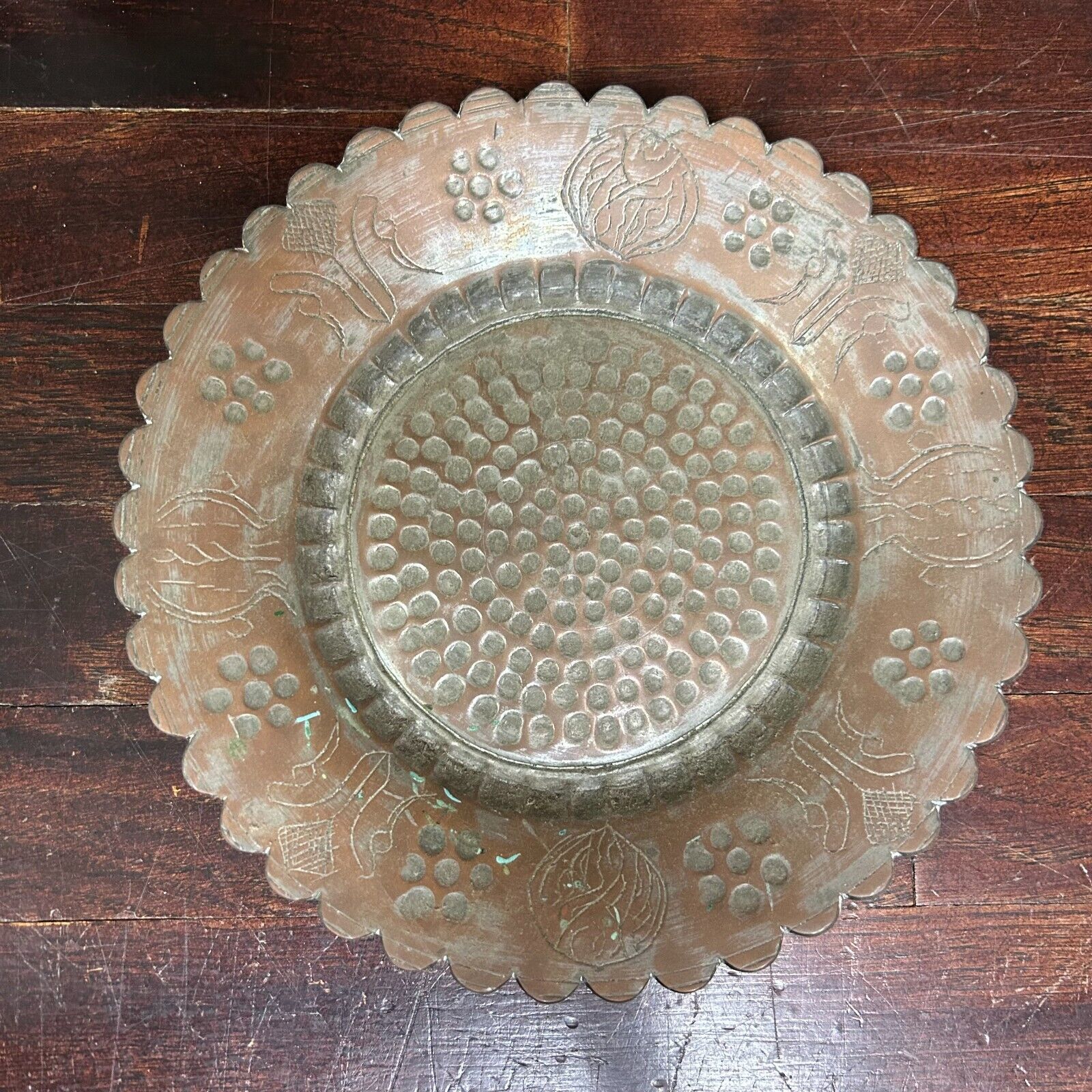 Antique Copper Imprinted Pressed Plate Round Scallop Circle Southwestern Pattern