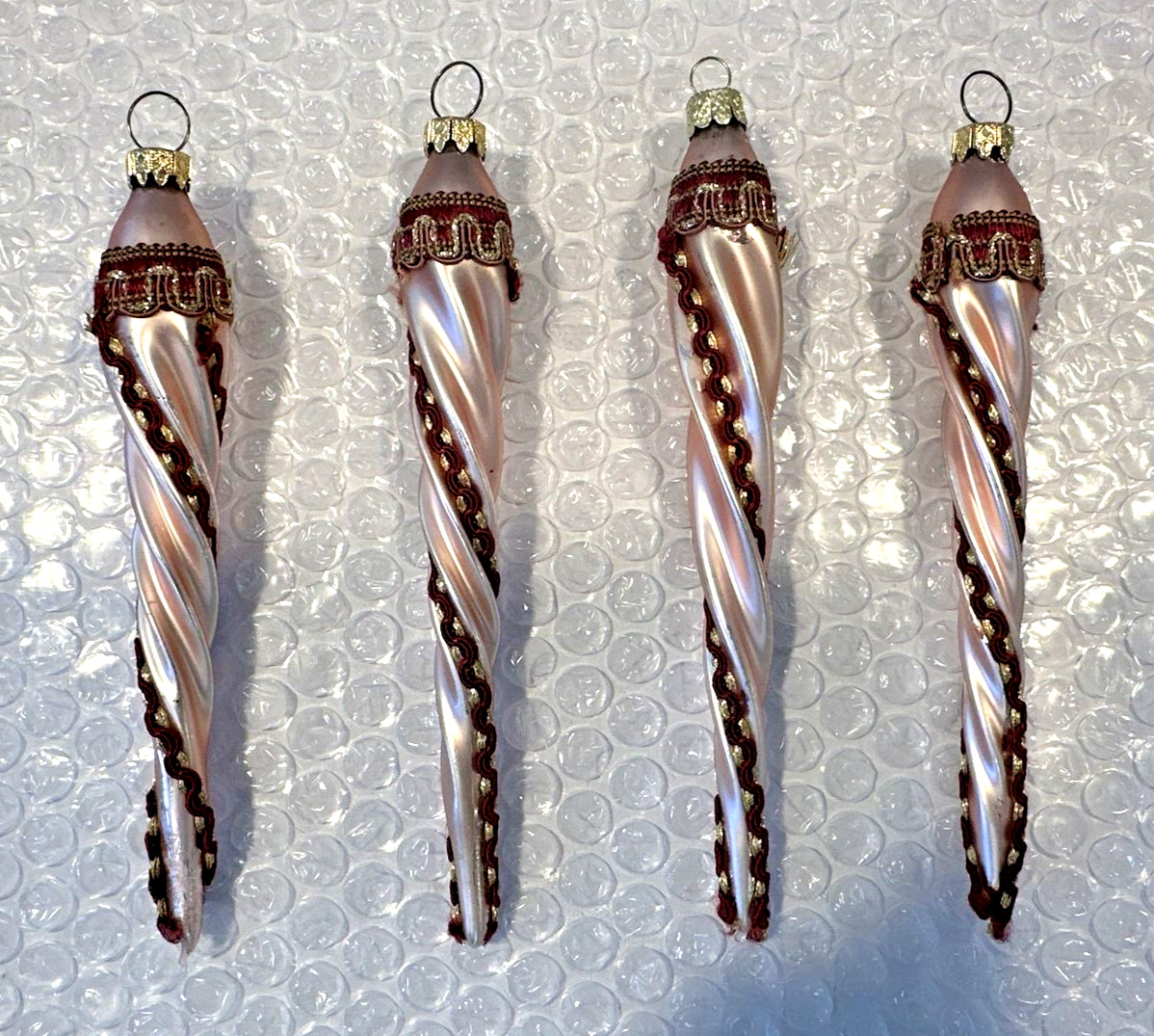 Set of 4 Vintage Rare Pink Glass Twist Icicle Ornaments Embroidery West Germany