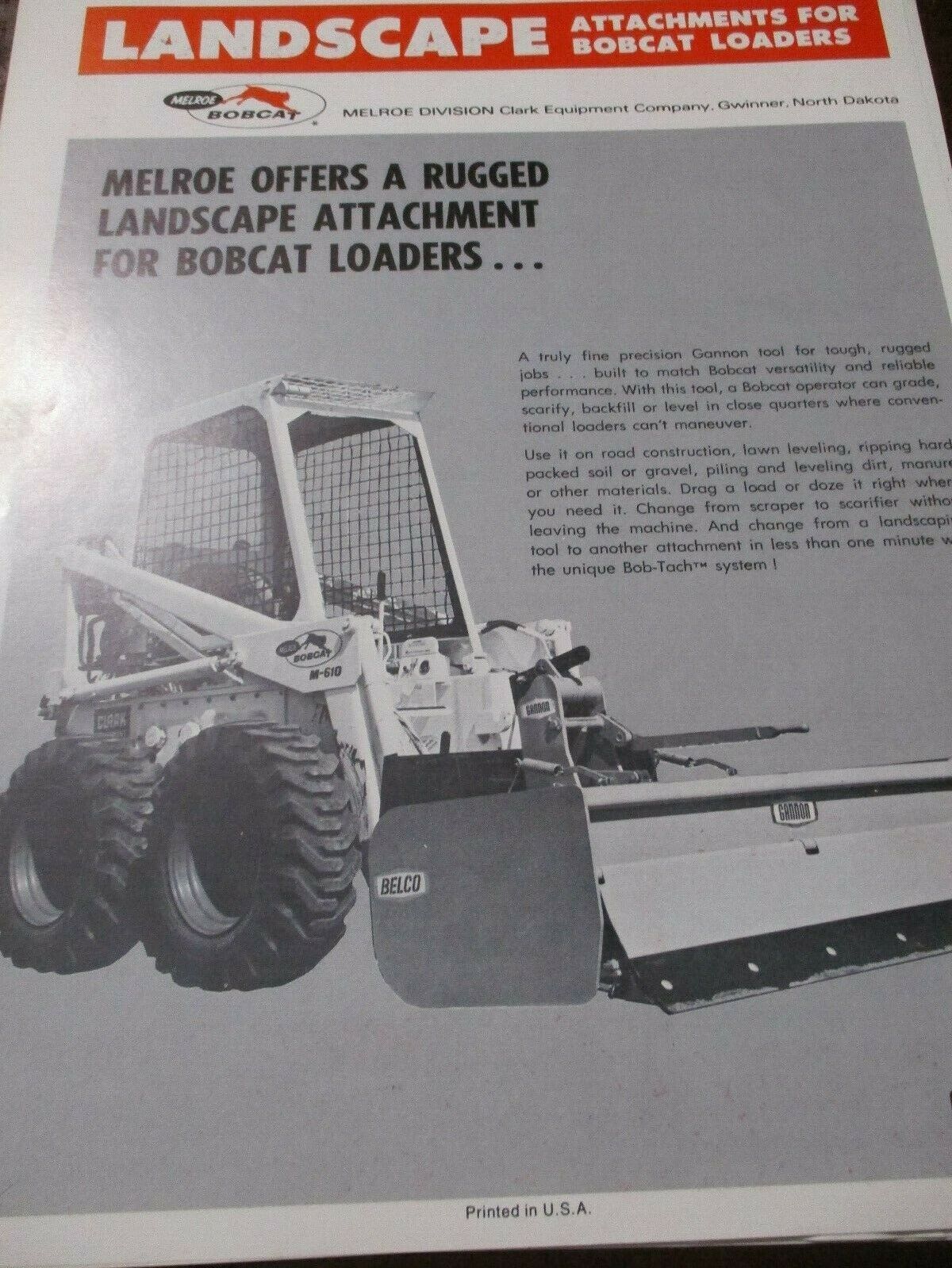 4 Melroe Bobcat Skid-Steer Loaders Attachments Sales Brochures circa 1970\'s