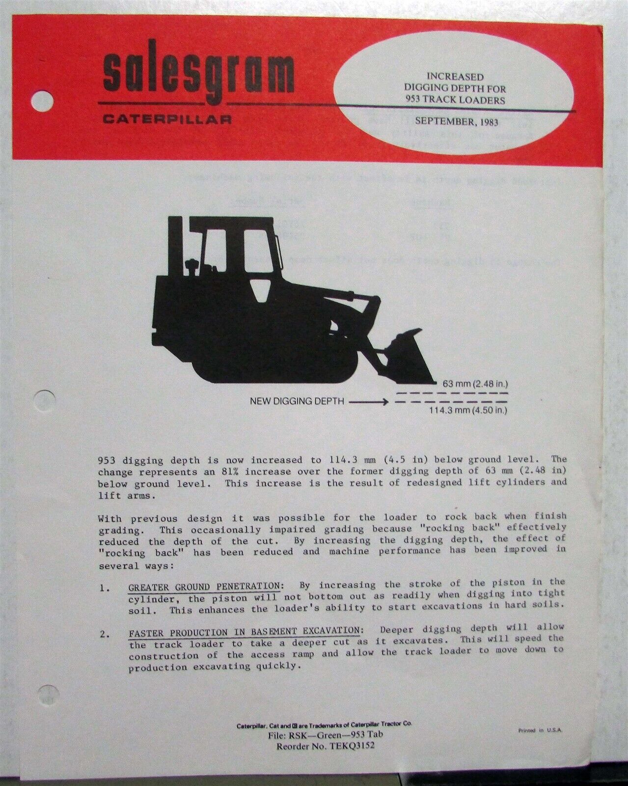 1984 Caterpillar 953 Track Loader Digging Depth Increased Construction Salesgram