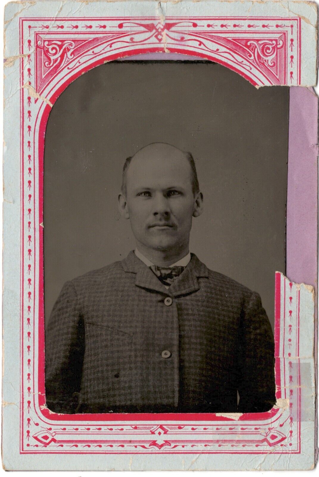 Rare Find - 1870s era Quarter Plate Tintype of Bald Man in tweed jacket and tie.