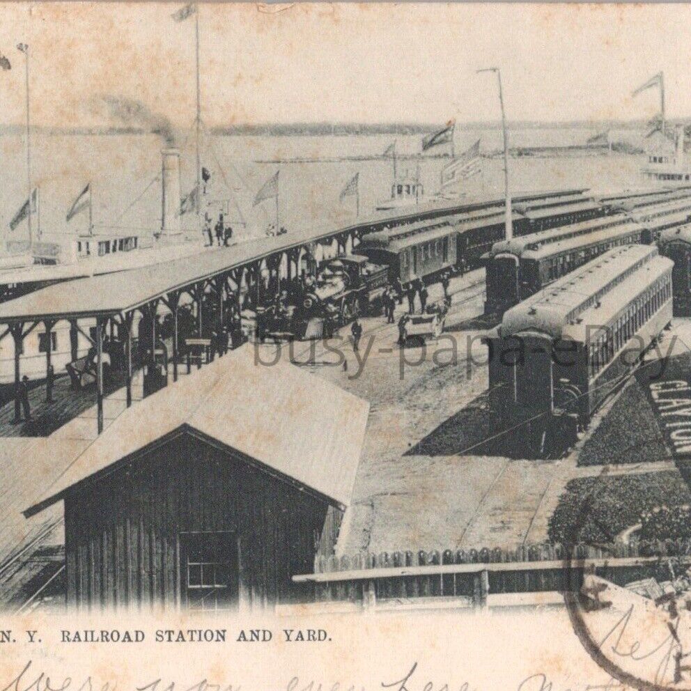 Antique 1905 Railroad Train Station And Yard Clayton New York Postcard
