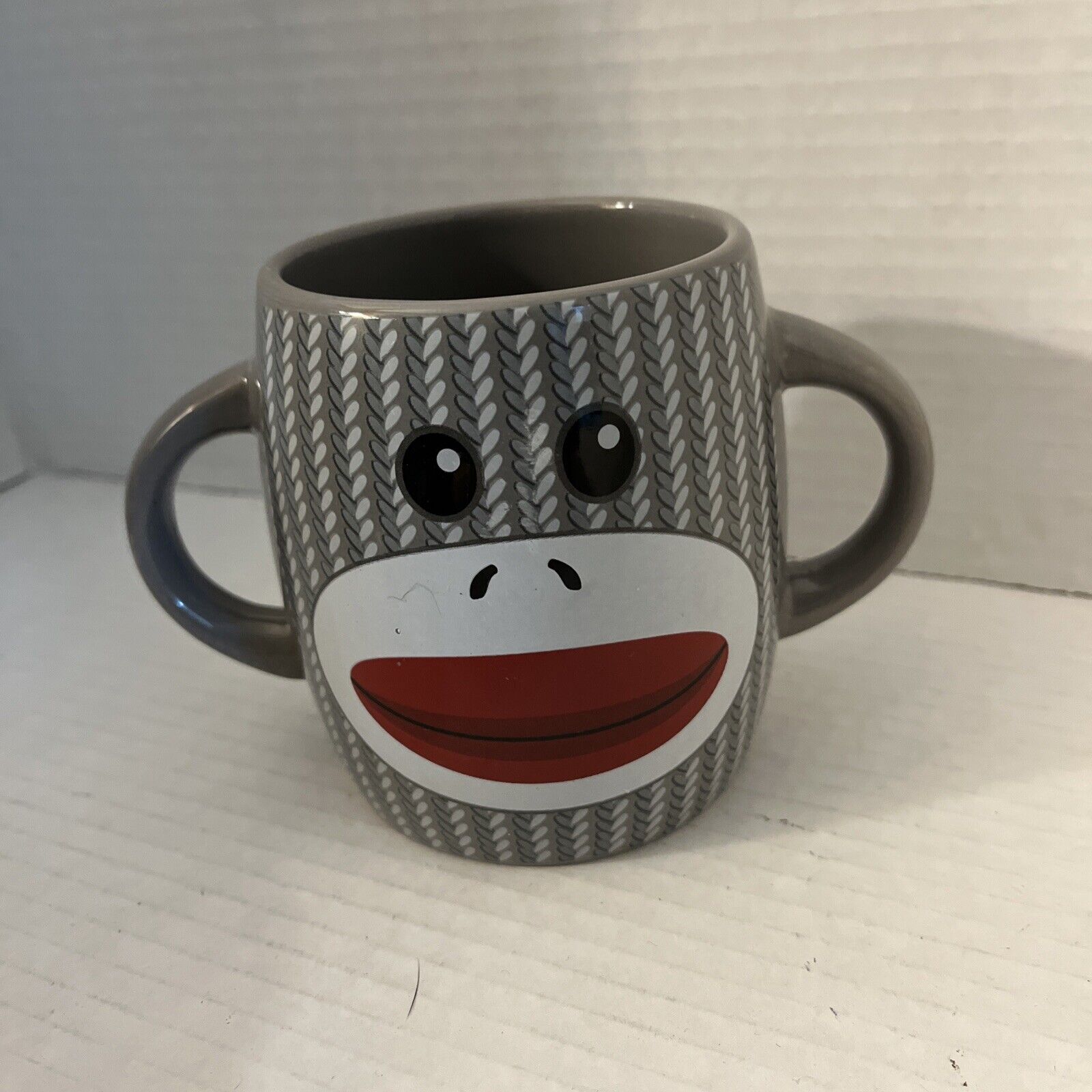 Galerie Double Handle Gray Sock Monkey Ceramic Coffee Tea Cocoa Mug Cup 16 0z