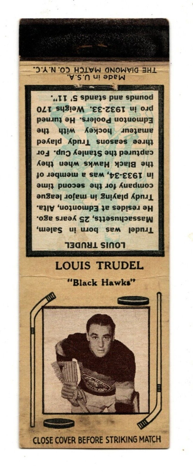 LOUIS TRUDEL matchbook matchcover - 1935-36 DIAMOND HOCKEY CHICAGO BLACK HAWKS
