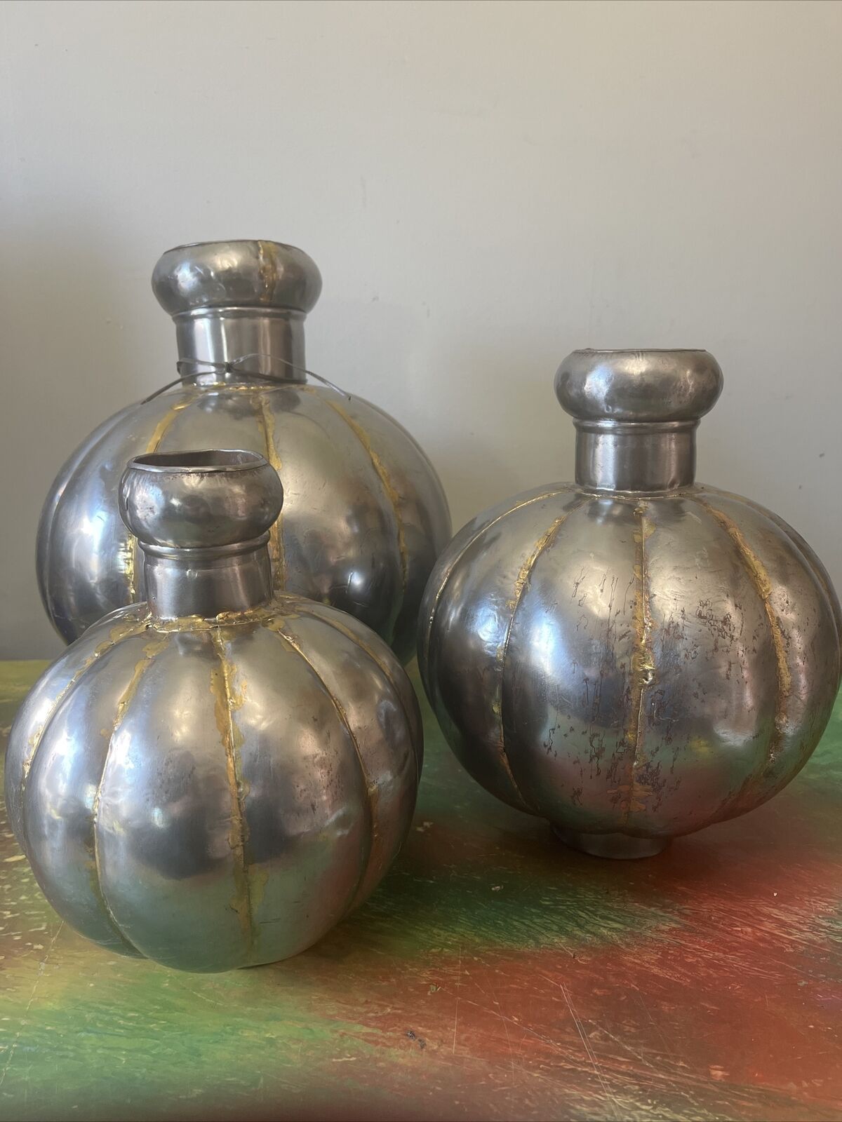 Primitive Metal Art Hand-Forged Soldered Water Jug Vessel Vases Set Of 3 Silver