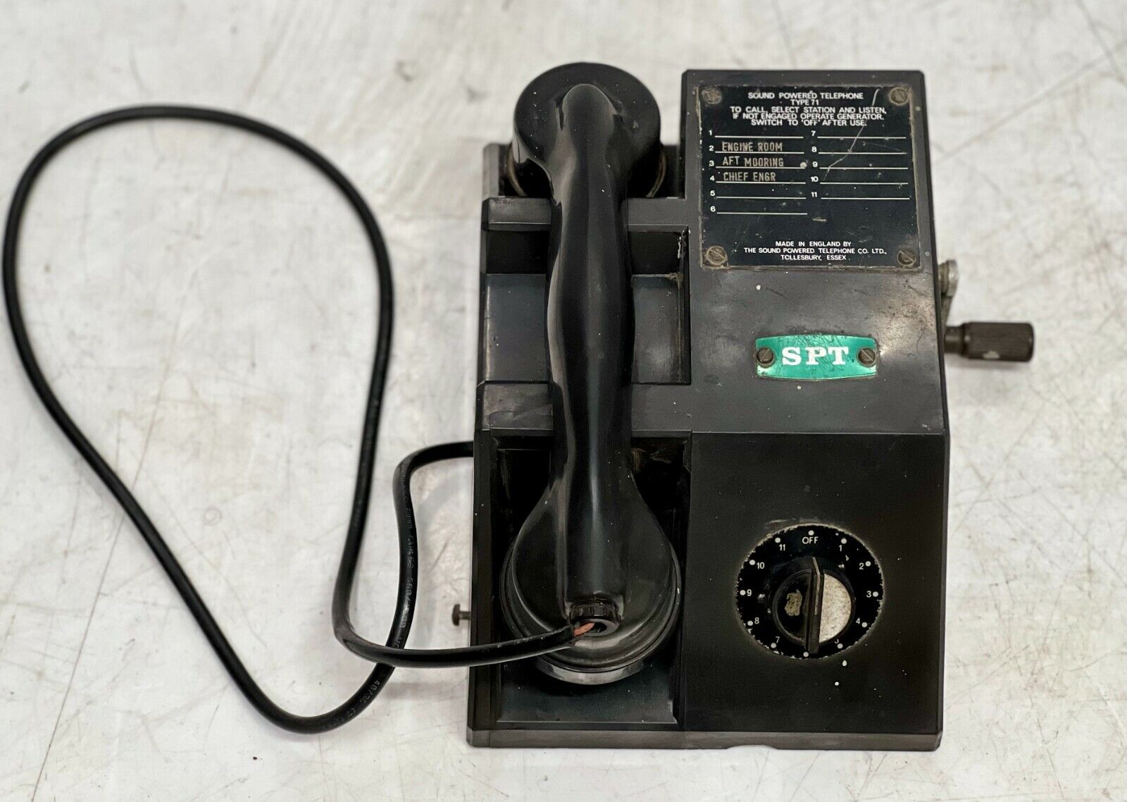 Black Sound Powered Telephone TYPE71 Antique Fiber body Model Name SPT - ENGLAND