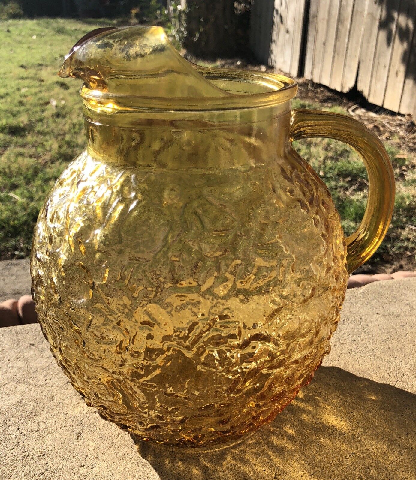 Vintage Amber Pebbled Pitcher Round Glass Water Juice Thanksgiving Holidays